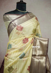 Mild yellow - Banarasi soft silk floral and horizontal stripes weaving - Durga